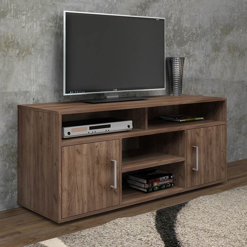 DISSOT TV Stand in light walnut finish, featuring two cabinets and three shelves, measuring 120x40x55 cm.