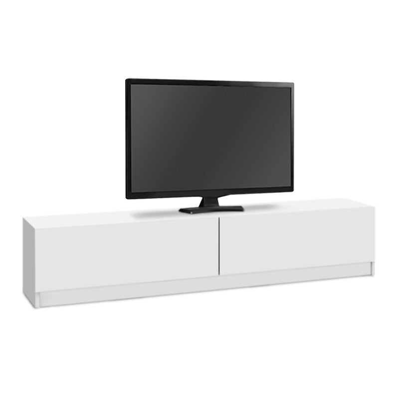 TV Stand DOLORES in white melamine finish, showcasing its sleek design and dimensions of 160x31.3x32.9cm.