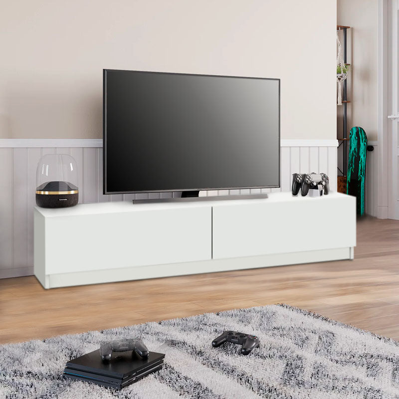 TV Stand DOLORES in white melamine finish, showcasing its sleek design and dimensions of 160x31.3x32.9cm.