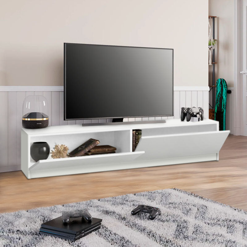 TV Stand DOLORES in white melamine finish, showcasing its sleek design and dimensions of 160x31.3x32.9cm.