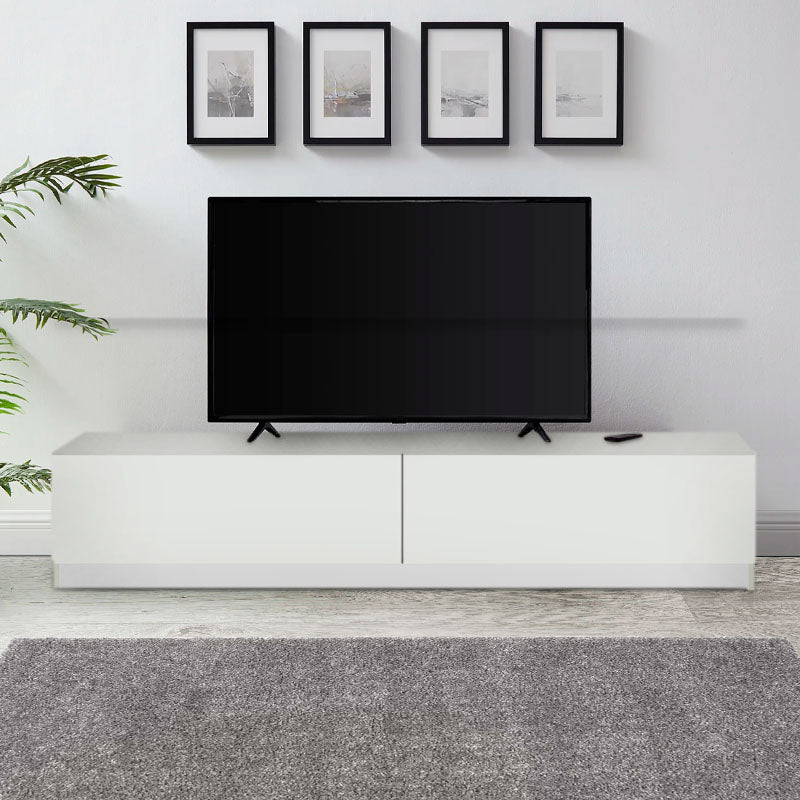 TV Stand DOLORES in white melamine finish, showcasing its sleek design and dimensions of 160x31.3x32.9cm.