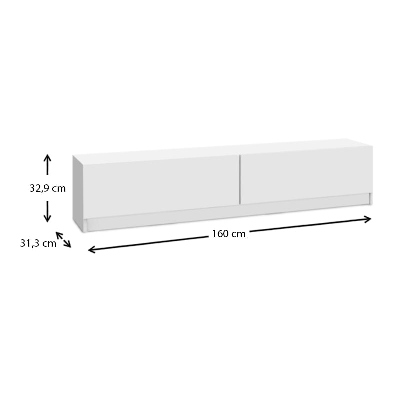 TV Stand DOLORES in white melamine finish, showcasing its sleek design and dimensions of 160x31.3x32.9cm.