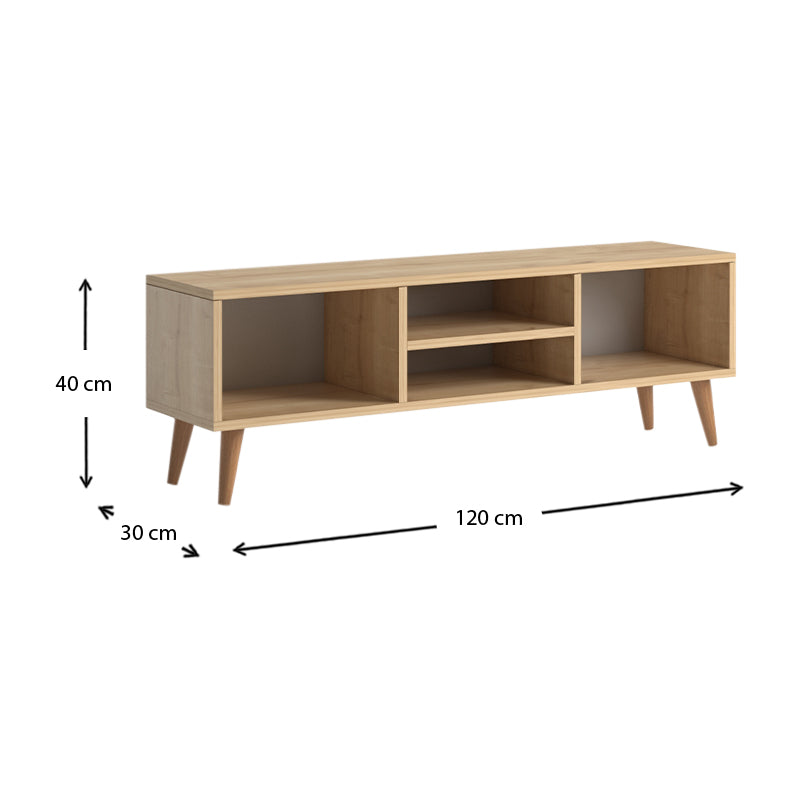 EUSEBIO TV Stand in oak finish, featuring four shelves and a modern design, dimensions 120x30x40cm.