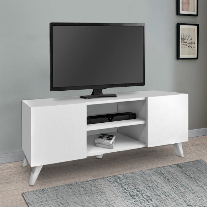 EVA White TV Stand with black marble effect, featuring two shelves and two cabinets, dimensions 140x35x46 cm.