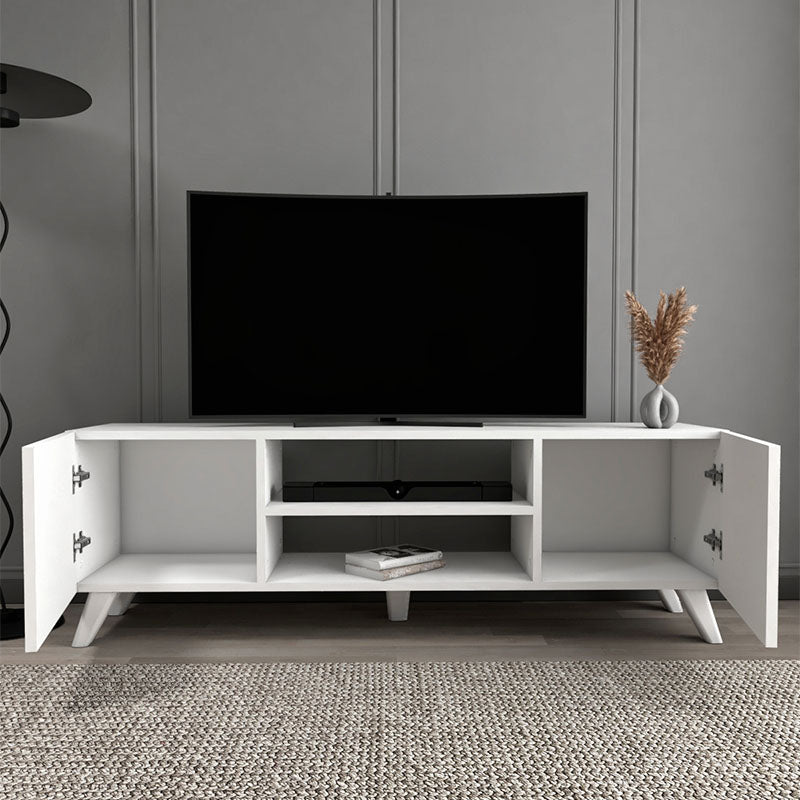 EVA White TV Stand with black marble effect, featuring two shelves and two cabinets, dimensions 140x35x46 cm.