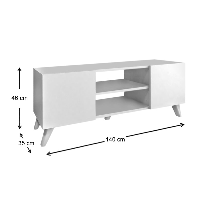 EVA White TV Stand with black marble effect, featuring two shelves and two cabinets, dimensions 140x35x46 cm.