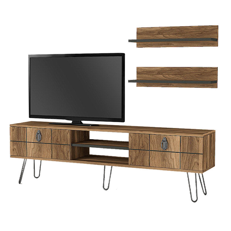 Walnut TV Stand FIRENZE with two shelves and laser-cut designs, showcasing modern elegance and sturdy construction.