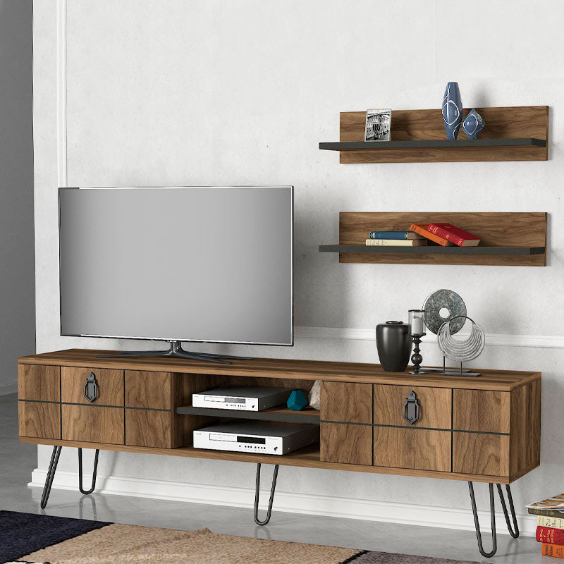 Walnut TV Stand FIRENZE with two shelves and laser-cut designs, showcasing modern elegance and sturdy construction.