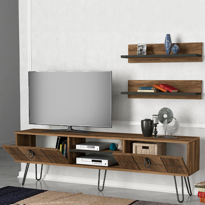 Walnut TV Stand FIRENZE with two shelves and laser-cut designs, showcasing modern elegance and sturdy construction.