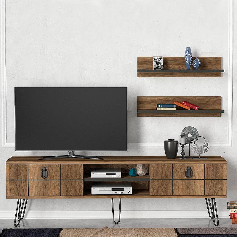 Walnut TV Stand FIRENZE with two shelves and laser-cut designs, showcasing modern elegance and sturdy construction.