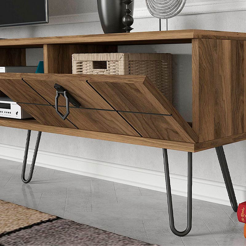 Walnut TV Stand FIRENZE with two shelves and laser-cut designs, showcasing modern elegance and sturdy construction.