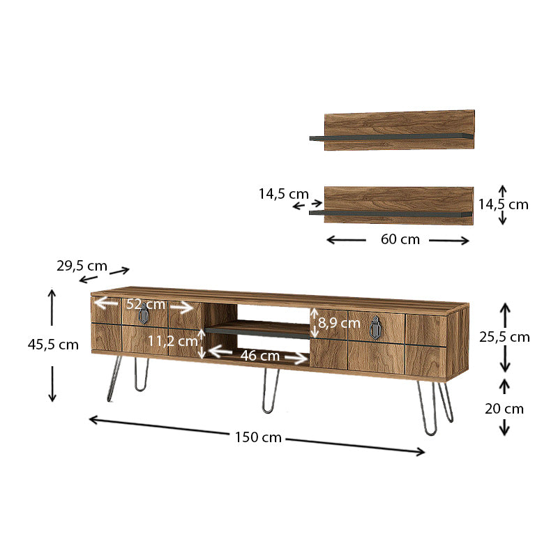 Walnut TV Stand FIRENZE with two shelves and laser-cut designs, showcasing modern elegance and sturdy construction.