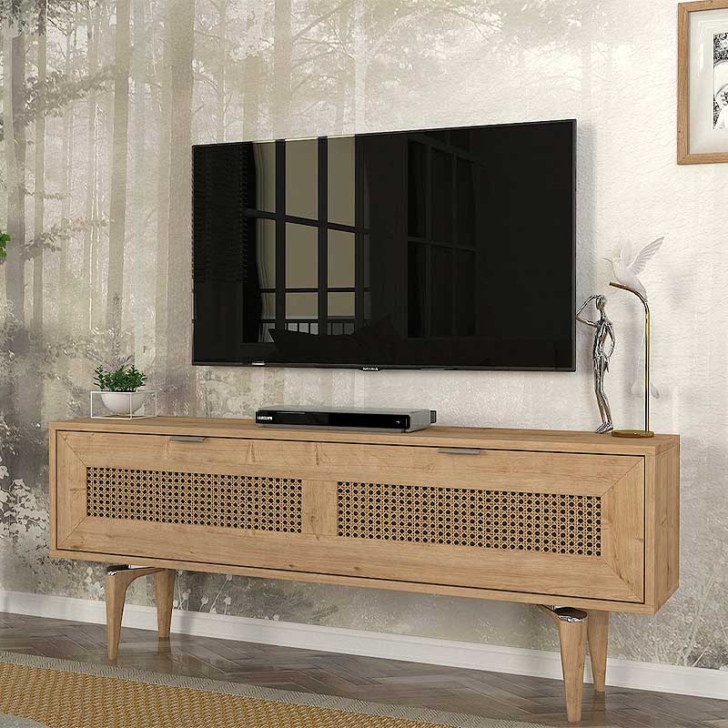 Elegant TV Stand GIUSEPPE Natur in sapphire oak finish, featuring stylish handles and unique support legs.