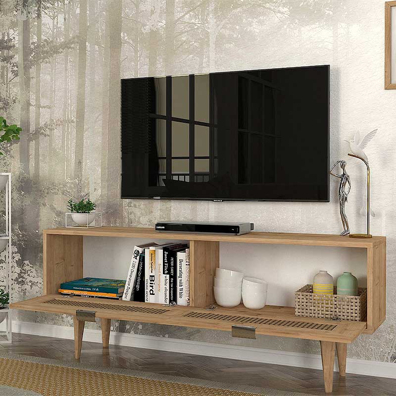 Elegant TV Stand GIUSEPPE Natur in sapphire oak finish, featuring stylish handles and unique support legs.