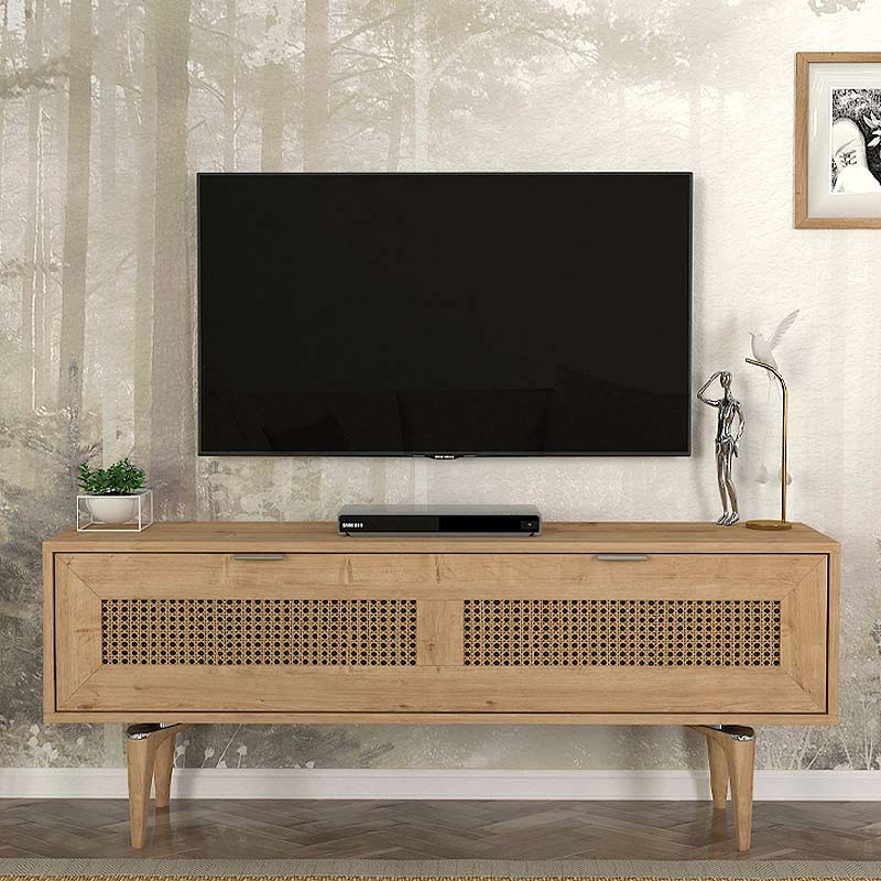 Elegant TV Stand GIUSEPPE Natur in sapphire oak finish, featuring stylish handles and unique support legs.