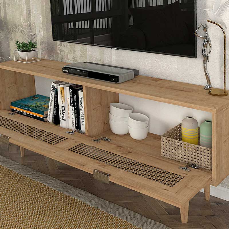 Elegant TV Stand GIUSEPPE Natur in sapphire oak finish, featuring stylish handles and unique support legs.