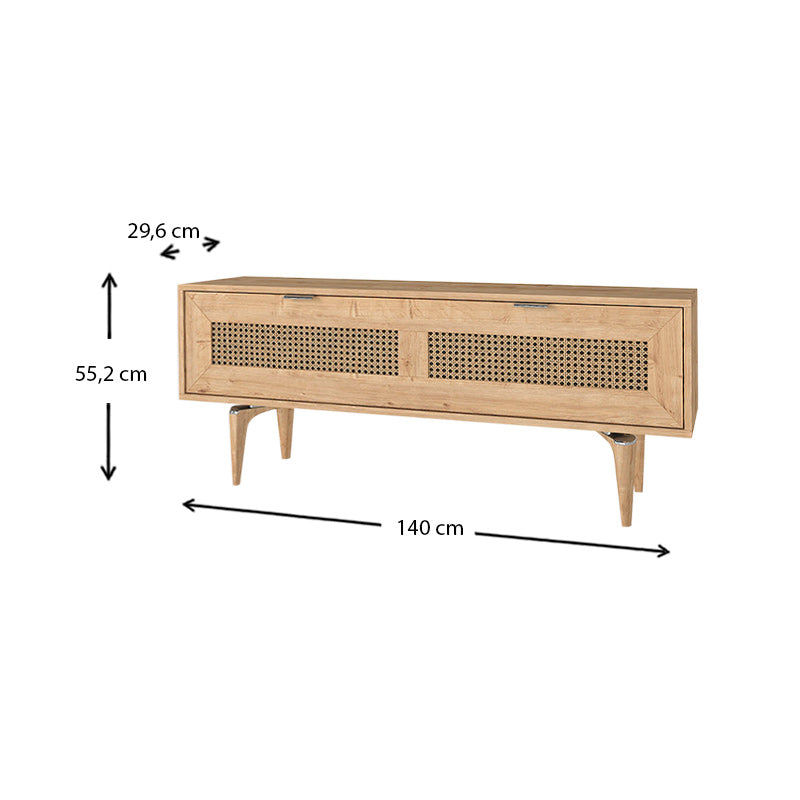 Elegant TV Stand GIUSEPPE Natur in sapphire oak finish, featuring stylish handles and unique support legs.