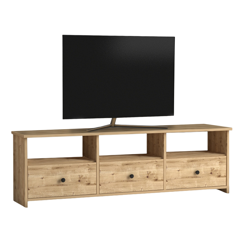 TV Stand GIUSEPPE in oak color with three cabinets and shelves, showcasing a modern design suitable for living rooms and offices.