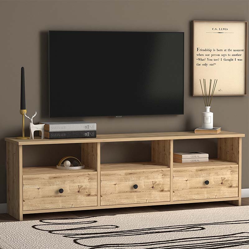 TV Stand GIUSEPPE in oak color with three cabinets and shelves, showcasing a modern design suitable for living rooms and offices.