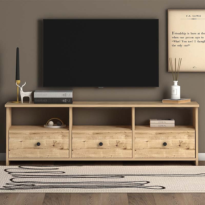 TV Stand GIUSEPPE in oak color with three cabinets and shelves, showcasing a modern design suitable for living rooms and offices.