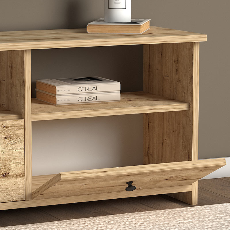 TV Stand GIUSEPPE in oak color with three cabinets and shelves, showcasing a modern design suitable for living rooms and offices.