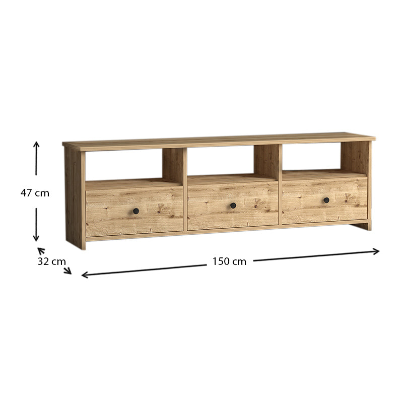 TV Stand GIUSEPPE in oak color with three cabinets and shelves, showcasing a modern design suitable for living rooms and offices.