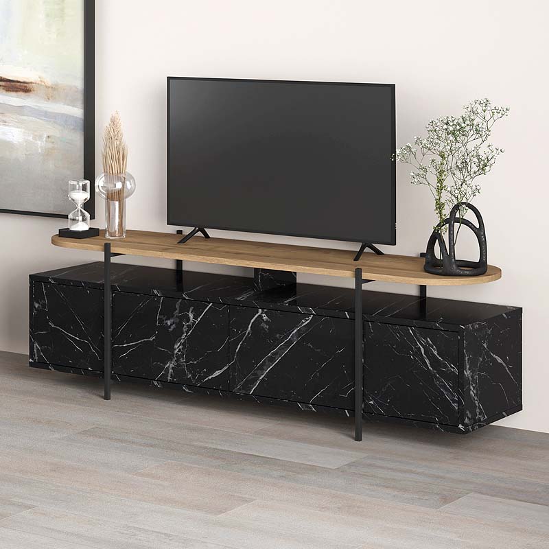 HEIKO Black Marble Effect TV Stand, stylish and modern design with natural beech surface, dimensions 160x35.6x48 cm.