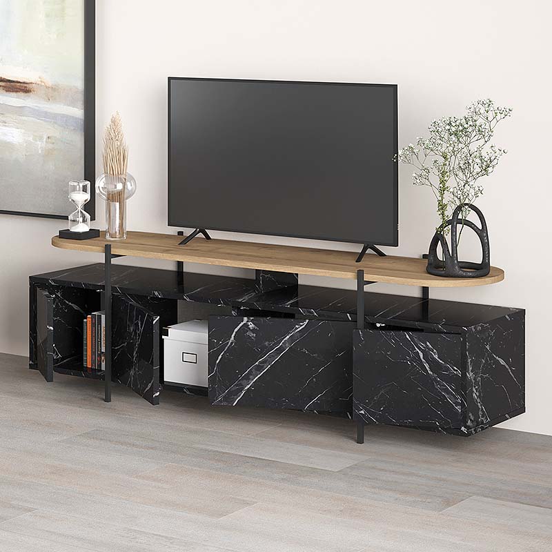 HEIKO Black Marble Effect TV Stand, stylish and modern design with natural beech surface, dimensions 160x35.6x48 cm.