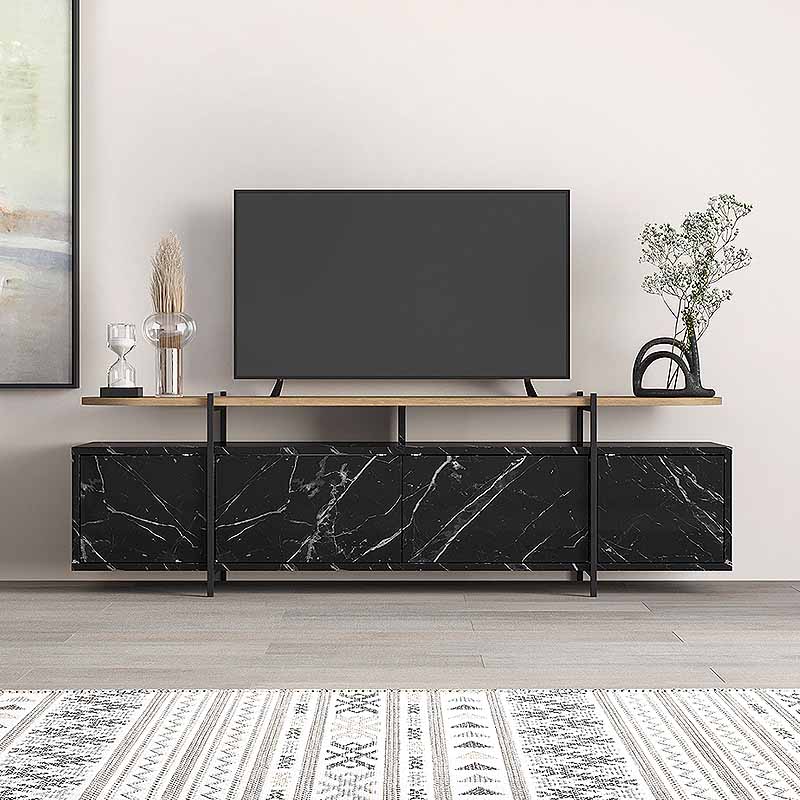 HEIKO Black Marble Effect TV Stand, stylish and modern design with natural beech surface, dimensions 160x35.6x48 cm.