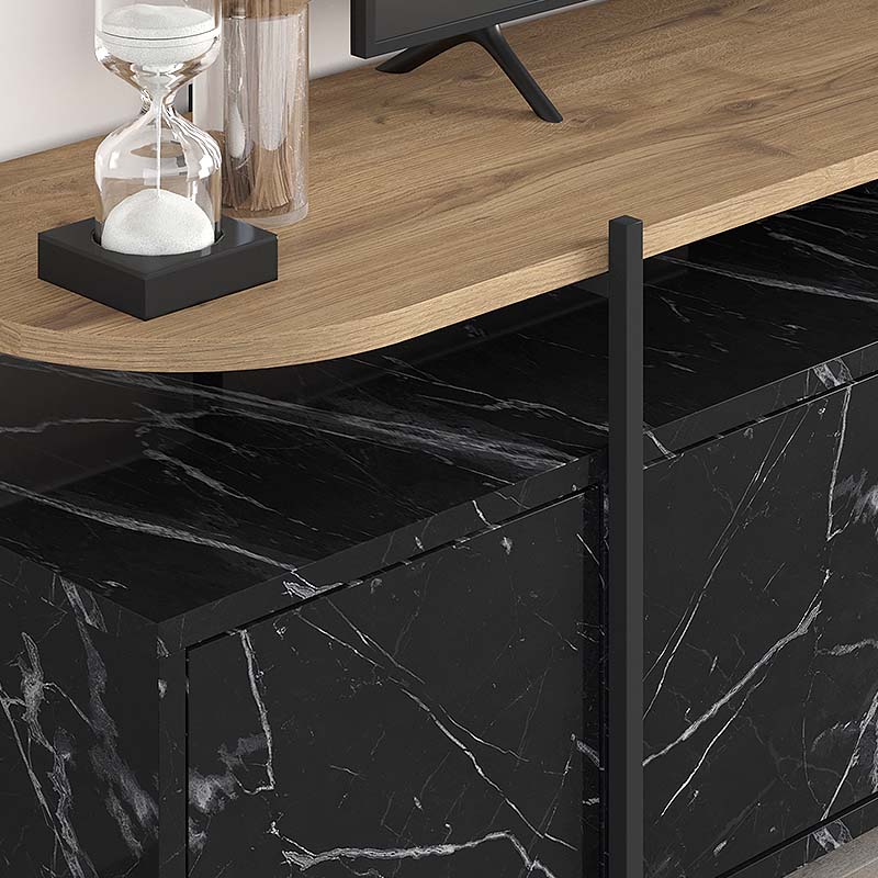 HEIKO Black Marble Effect TV Stand, stylish and modern design with natural beech surface, dimensions 160x35.6x48 cm.