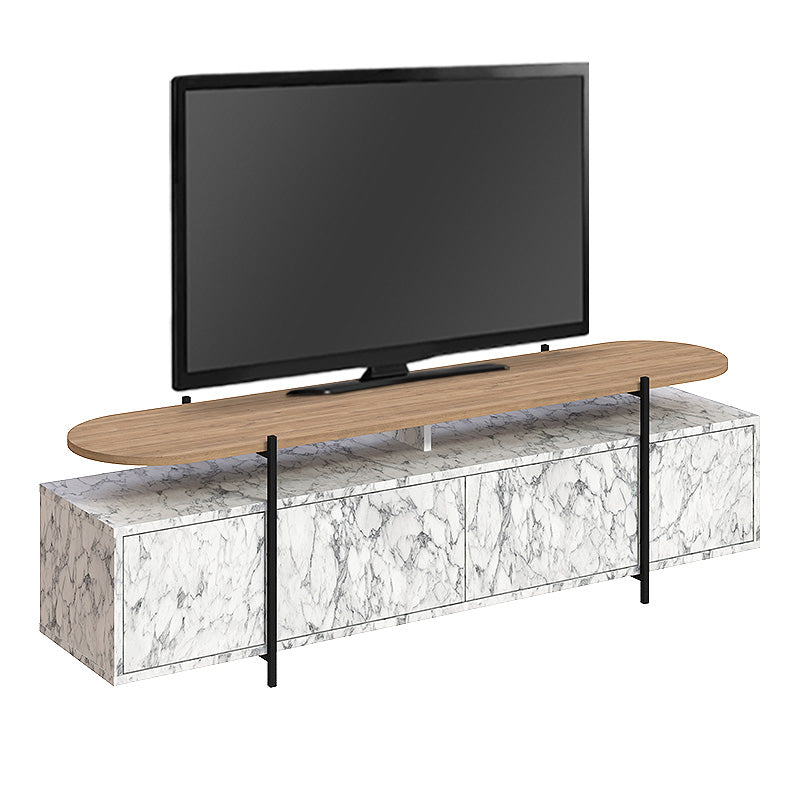 HEIKO White Marble Effect TV Stand with natural beech surface, dimensions 160x35.6x48cm, showcasing modern design and durability.