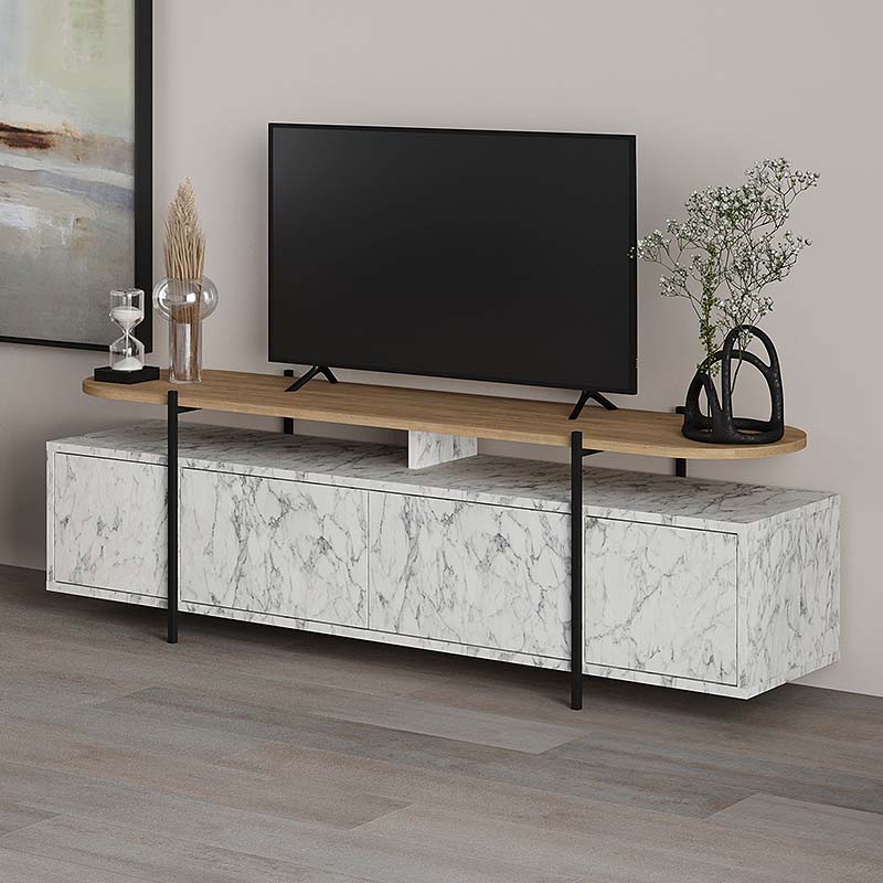 HEIKO White Marble Effect TV Stand with natural beech surface, dimensions 160x35.6x48cm, showcasing modern design and durability.