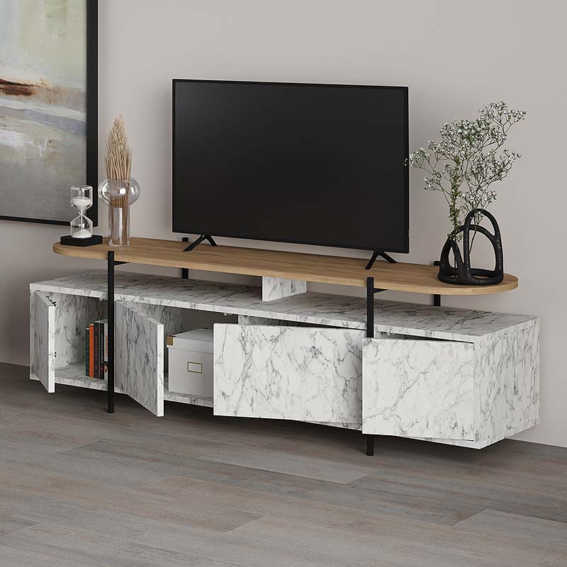 HEIKO White Marble Effect TV Stand with natural beech surface, dimensions 160x35.6x48cm, showcasing modern design and durability.