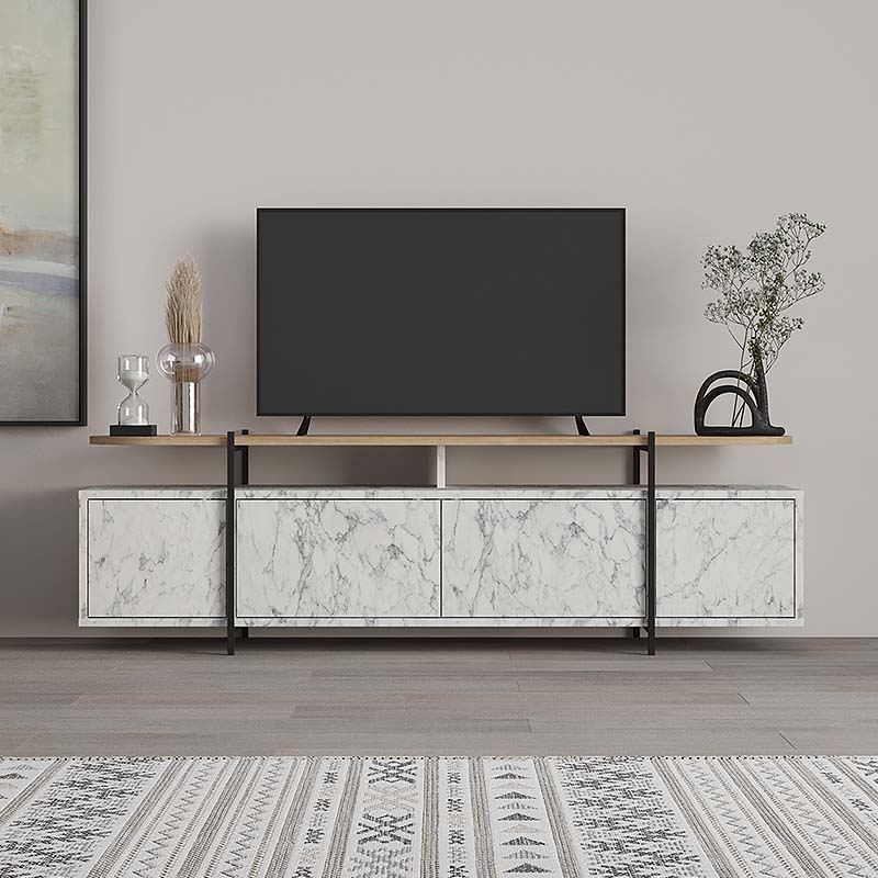 HEIKO White Marble Effect TV Stand with natural beech surface, dimensions 160x35.6x48cm, showcasing modern design and durability.