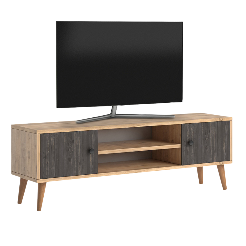 TV Stand HELSINKI in industrial grey-oak, featuring two cabinets and two shelves, perfect for modern interiors.