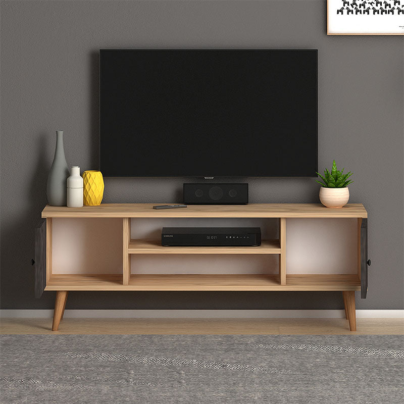 TV Stand HELSINKI in industrial grey-oak, featuring two cabinets and two shelves, perfect for modern interiors.