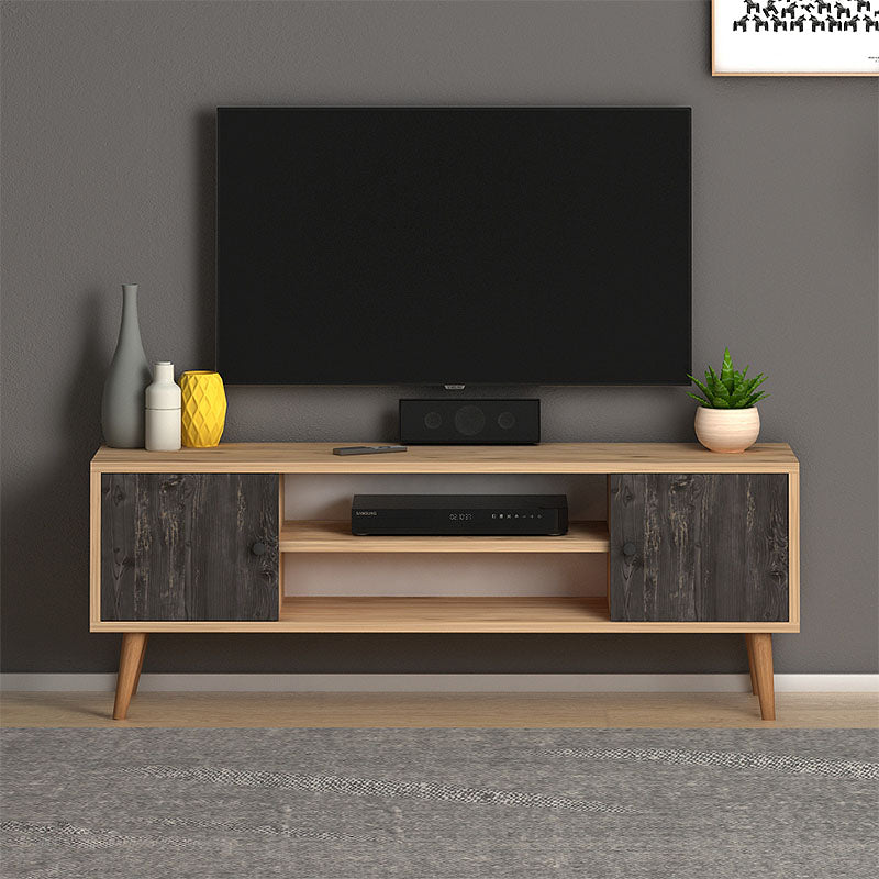 TV Stand HELSINKI in industrial grey-oak, featuring two cabinets and two shelves, perfect for modern interiors.