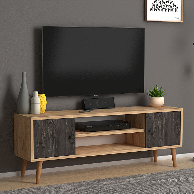 TV Stand HELSINKI in industrial grey-oak, featuring two cabinets and two shelves, perfect for modern interiors.