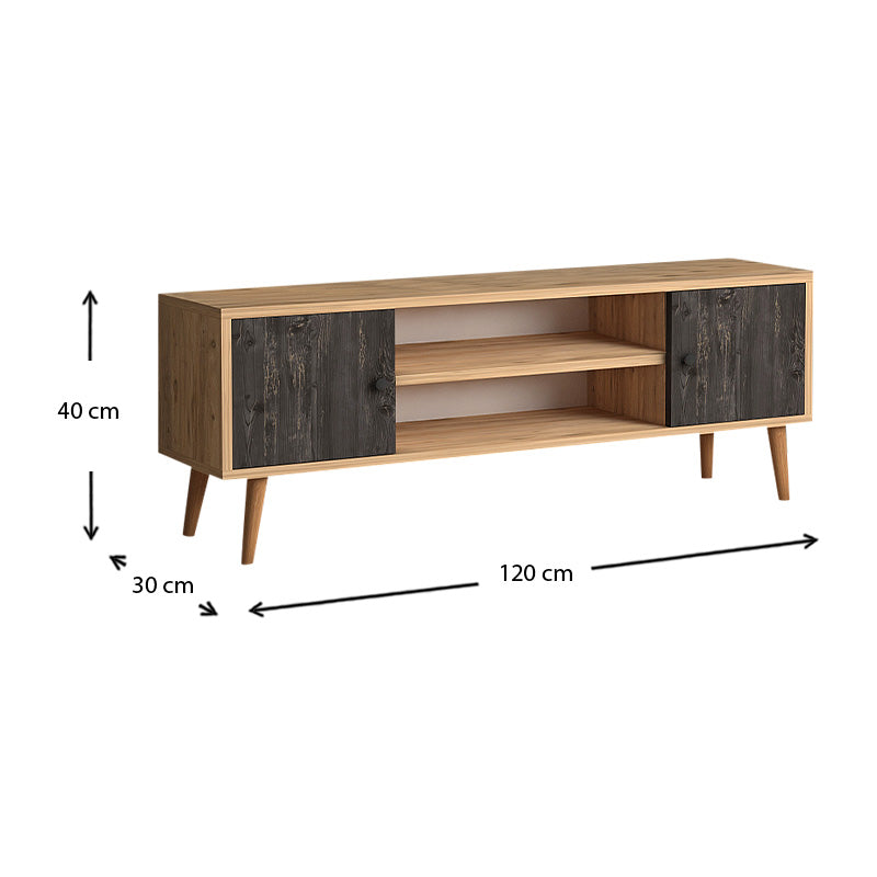 TV Stand HELSINKI in industrial grey-oak, featuring two cabinets and two shelves, perfect for modern interiors.