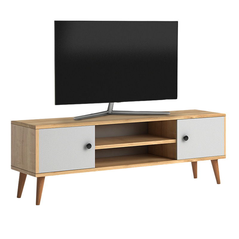 Modern TV Stand HELSINKI in white-oak finish with two cabinets and shelves.