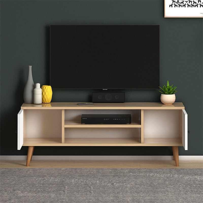 Modern TV Stand HELSINKI in white-oak finish with two cabinets and shelves.