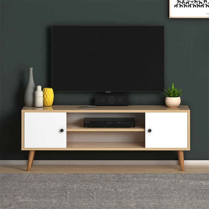 Modern TV Stand HELSINKI in white-oak finish with two cabinets and shelves.