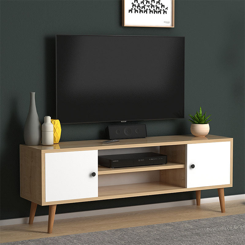 Modern TV Stand HELSINKI in white-oak finish with two cabinets and shelves.