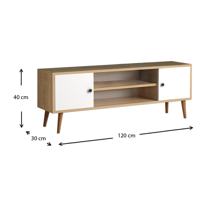 Modern TV Stand HELSINKI in white-oak finish with two cabinets and shelves.