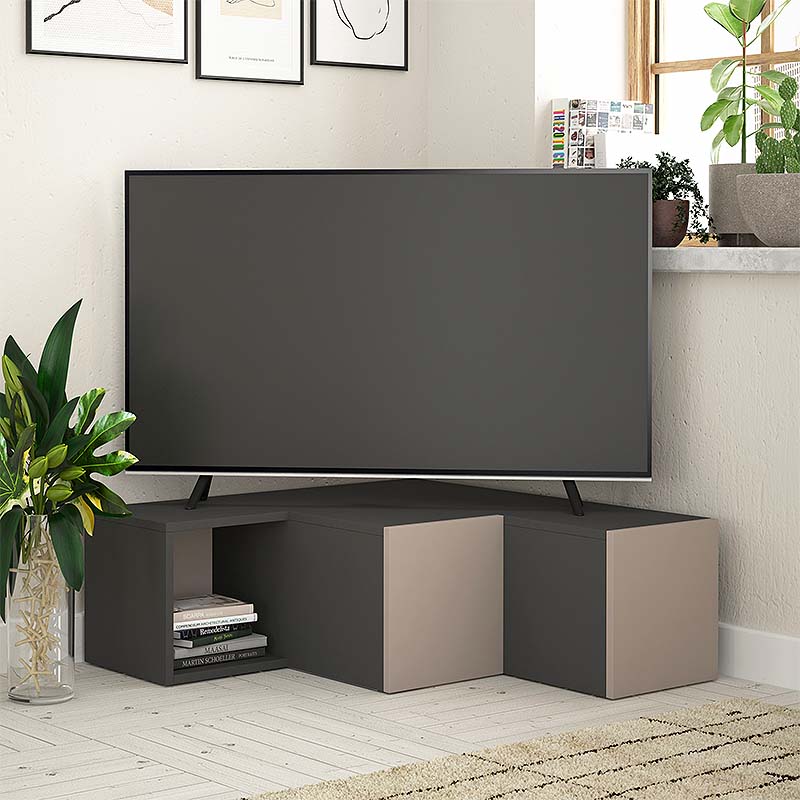 HOLLY Anthracite TV Stand with light mocha accents, featuring two drawers and a shelf, designed for corner placement.