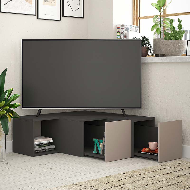 HOLLY Anthracite TV Stand with light mocha accents, featuring two drawers and a shelf, designed for corner placement.