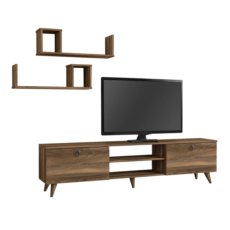 TV Stand HULIO in walnut finish with two shelves and five legs, showcasing a modern design.