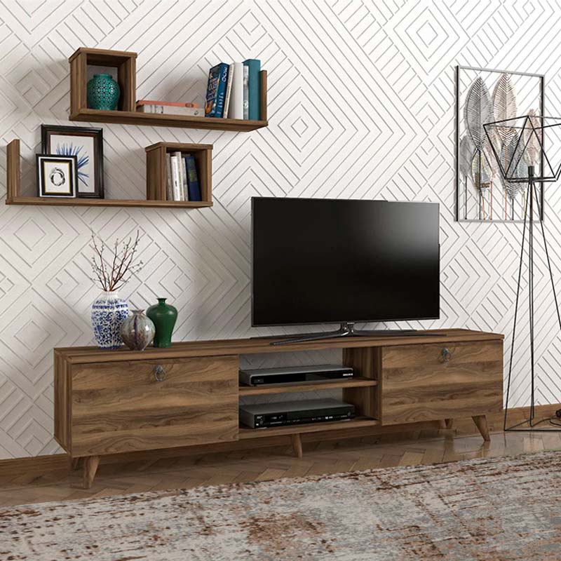 TV Stand HULIO in walnut finish with two shelves and five legs, showcasing a modern design.