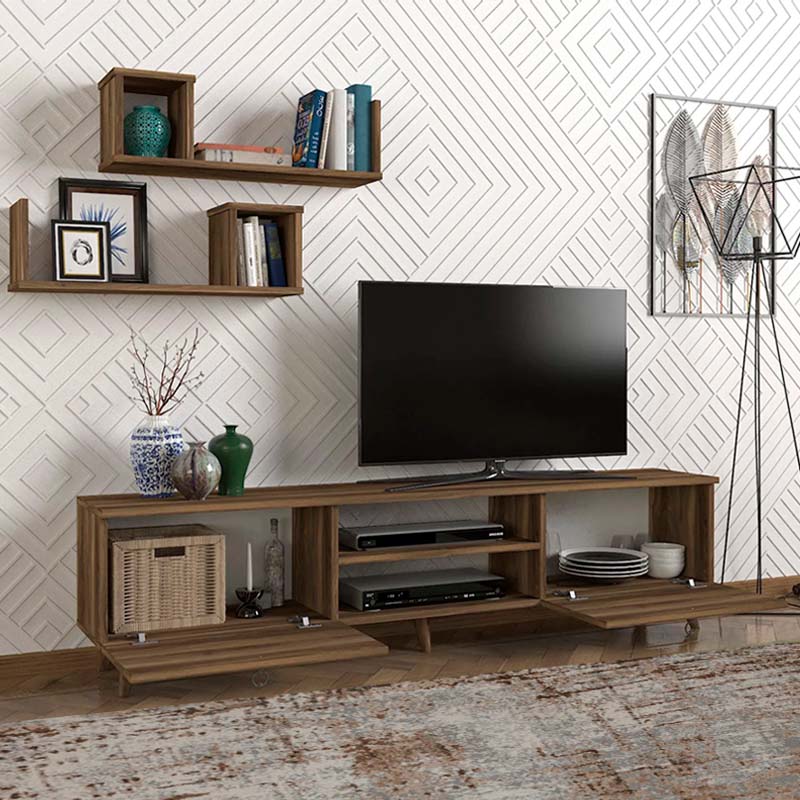 TV Stand HULIO in walnut finish with two shelves and five legs, showcasing a modern design.