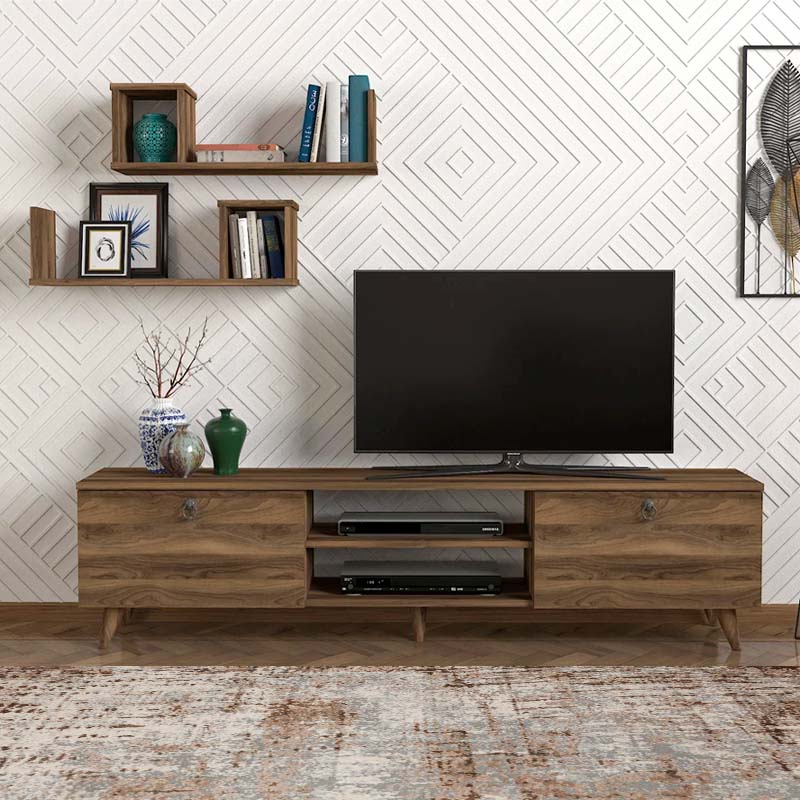 TV Stand HULIO in walnut finish with two shelves and five legs, showcasing a modern design.